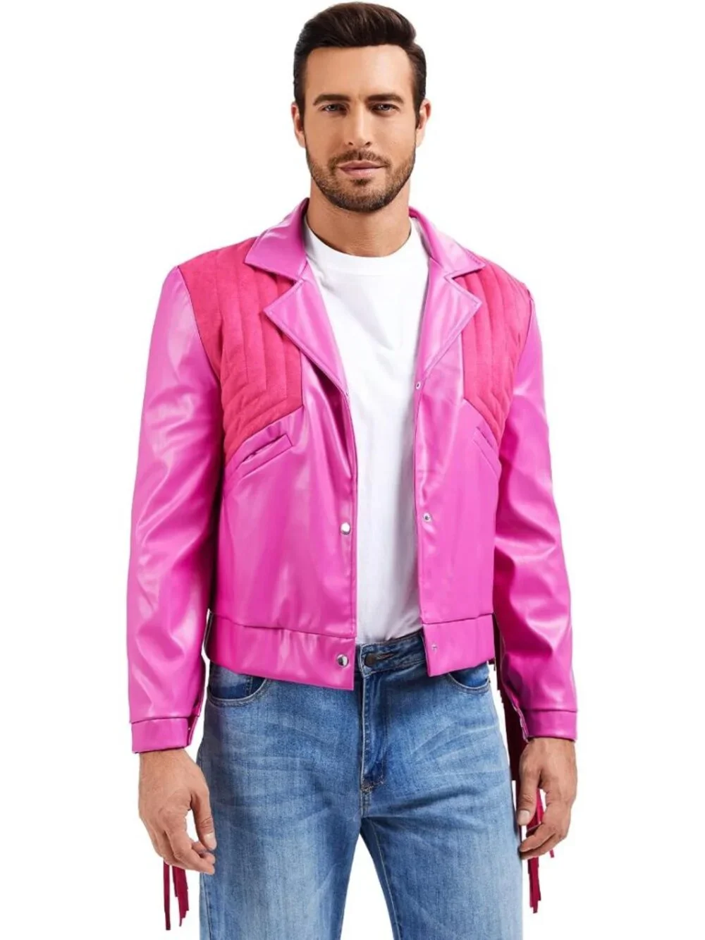 Men's Pink Faux Leather Fringe Cowboy Jacket - Halloween Cosplay Costume